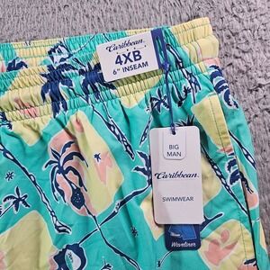 NWT Caribbean Swim Shorts Trunks Men's 4XB Lined Zip Pocket Palm Tree‎ Pineapple